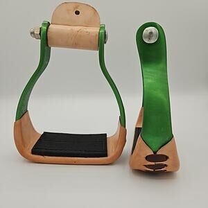 Western Aluminum Stirrups Leather and Rubber tread Green Barrel Racing